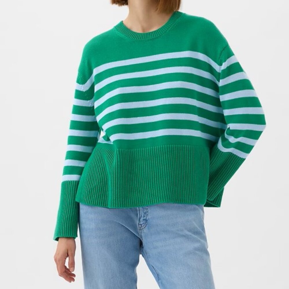 GAP Green and White Striped Crewneck Sweater
